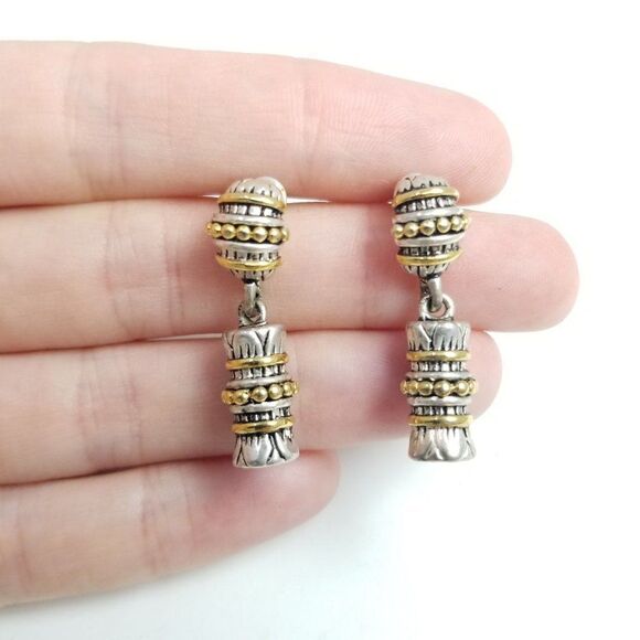 Vintage Small Silve Tone and Gold Tone Accent Drop Earrings, Boho Design, Retro - Picture 1 of 5